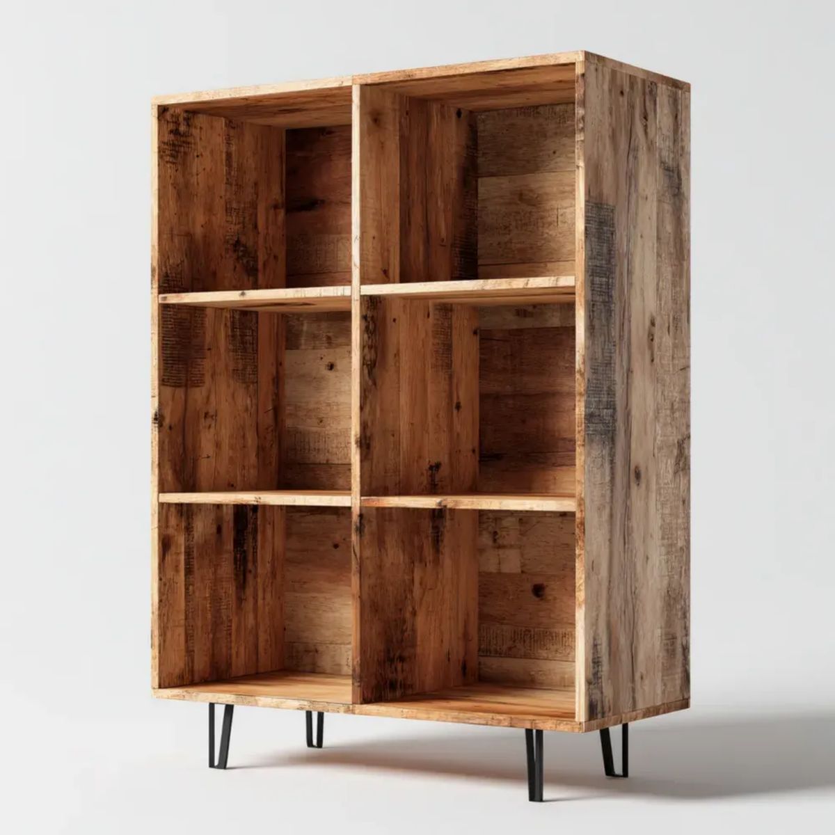 Regał, lite brązowy drewno i czarny brązowy metal biblioteka, 6 przegródek, 90 x 40 x 180 cm