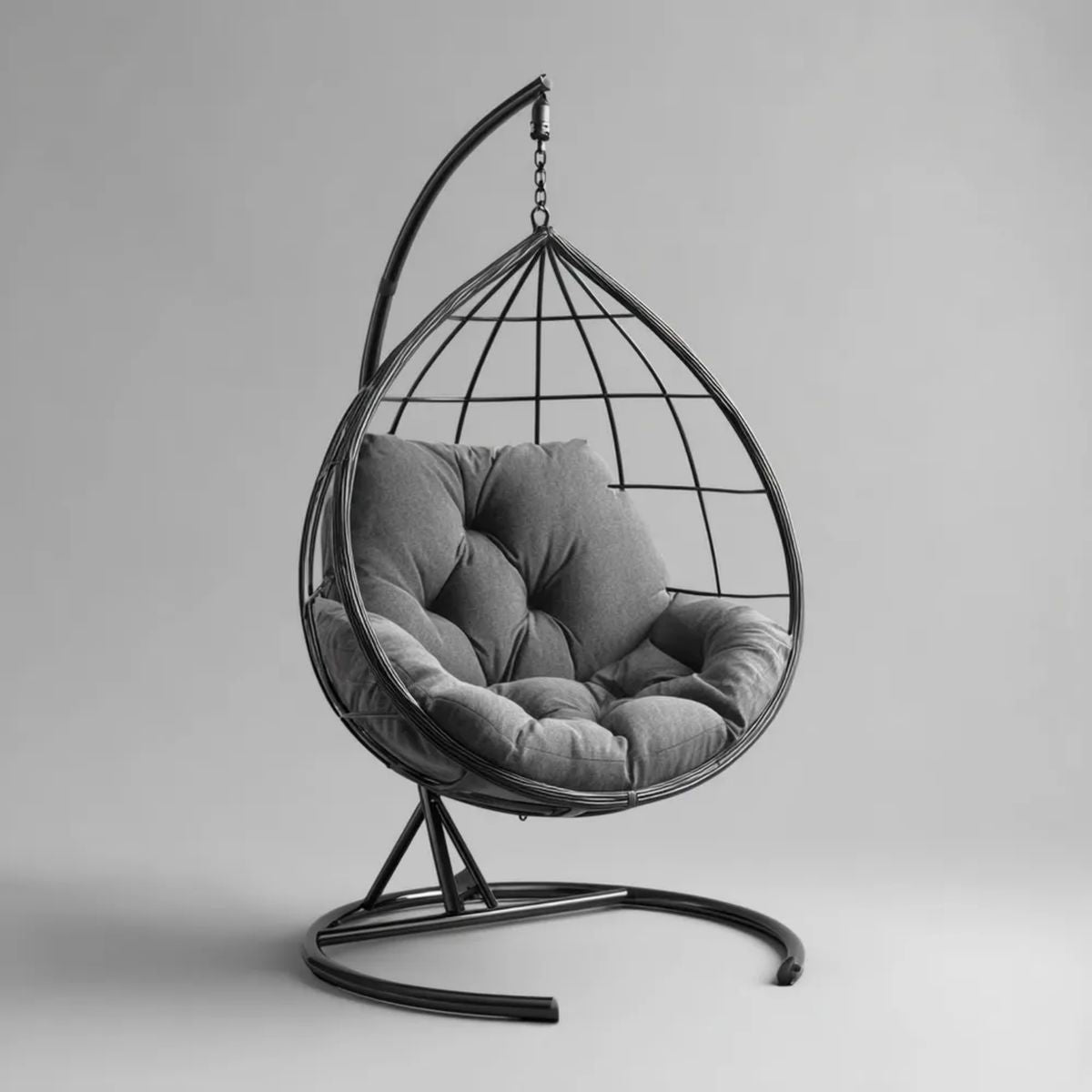 Hamak lub fotel wiszący, Wiszące krzesło wiszące na piechotę w czarnej stali wiszącej z szarą poduszką, 105 x 105 x 195 cm