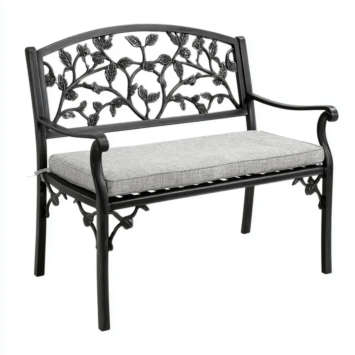 Ławka ogrodowa 2 czarne siedzenia 120 x 65 x 90 cm w odlewie die- aluminium z szarą poduszką