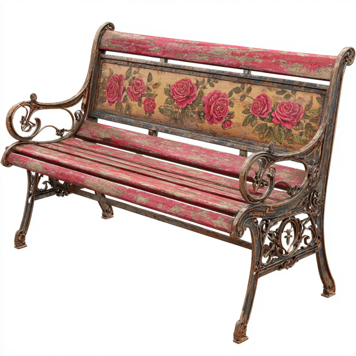 Ławka ogrodowa 2 czerwone miejsca z różami w litym drewnie i żeliwo 127 x 56 x 84 cm prostokątne