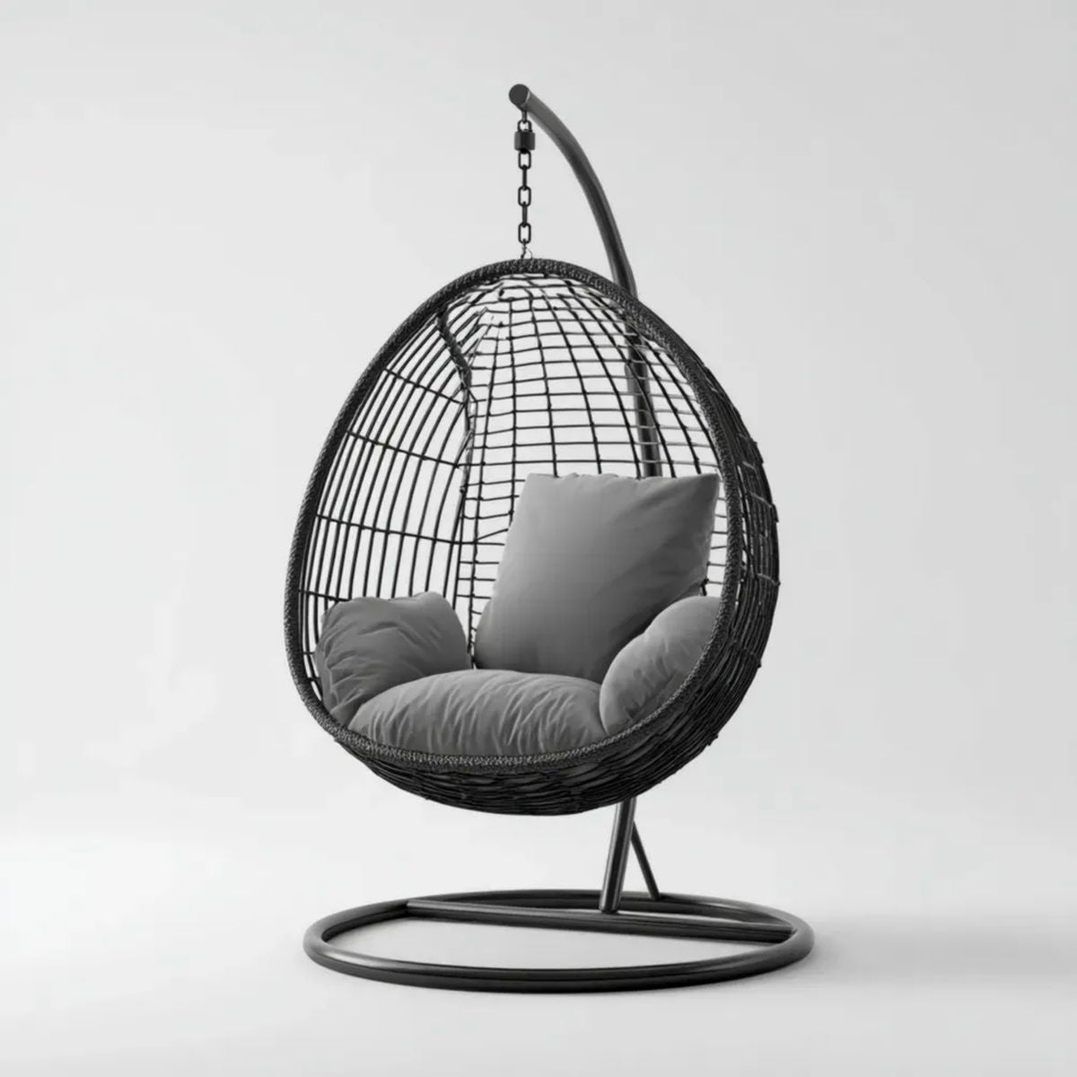 Hamak lub fotel wiszący, Czarna nóżka wiszące krzesło w rattanie i stali z szarej poduszki, 105 x 105 x 195 cm