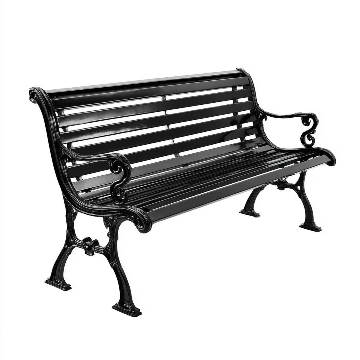 Ławka ogrodowa 2 czarne siedzenia 122 x 58 x 87 cm w odlewie z żeliwa i stali z zakrzywionym oparciem