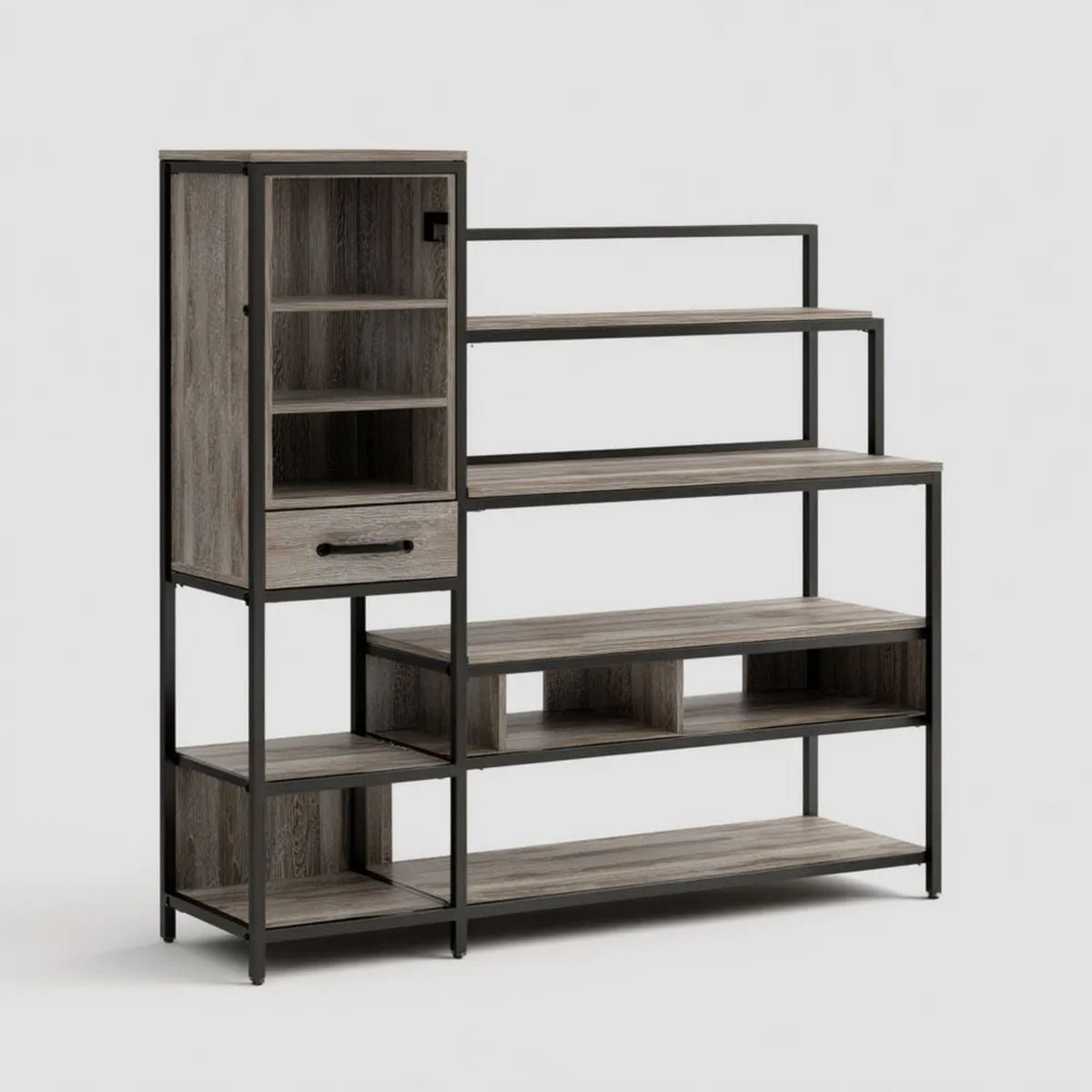 Regał, Biblioteka ze schodami z magazynem w MDF i stali brązowy, ciemnobrązowa i czarna, 120 x 35 x 180 cm