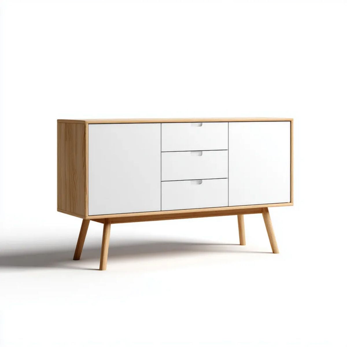 Kredens, Prostokątny bufet 2 drzwi i 3 szuflady w kolorze białym i dębowym w MDF, 140 x 40 x 80 cm