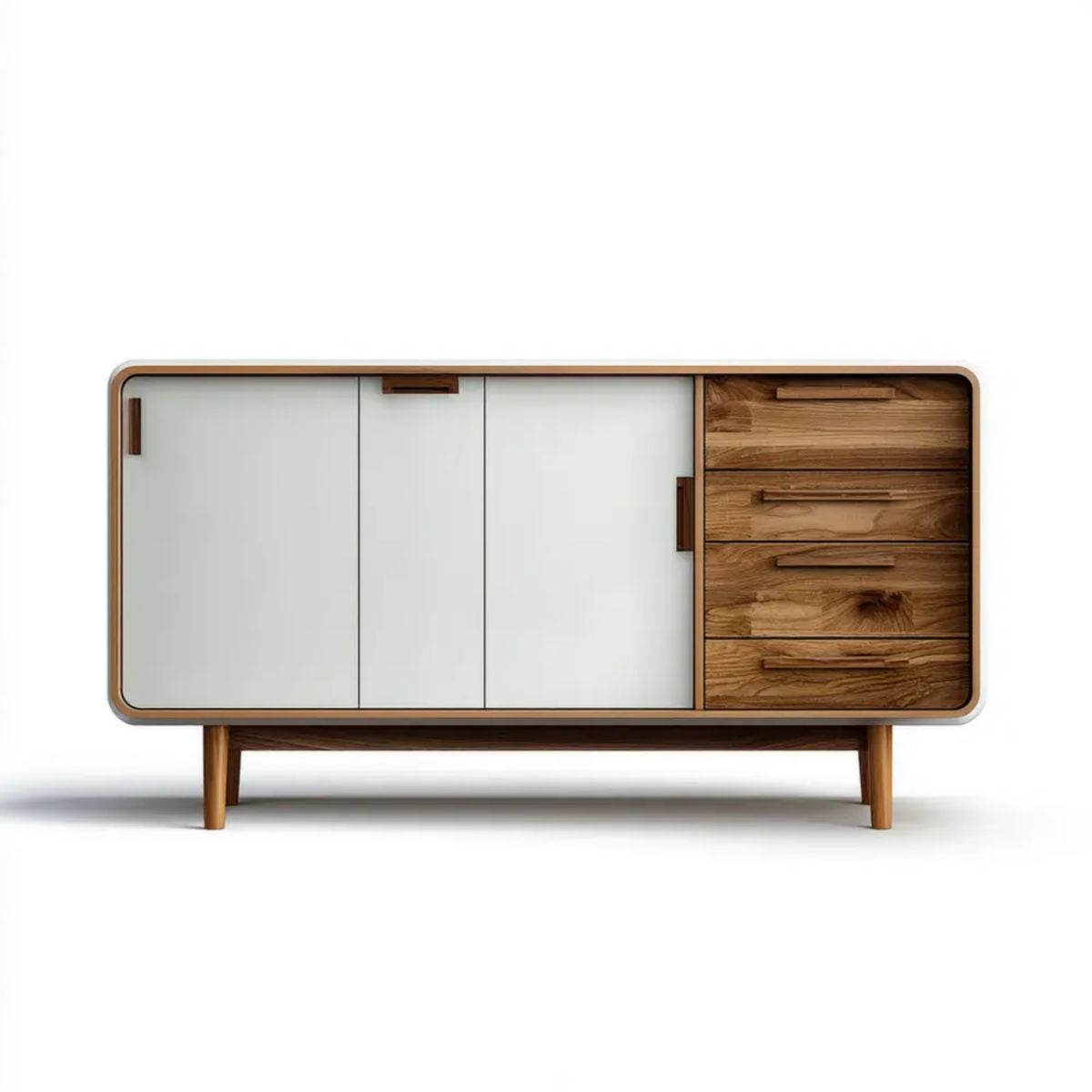 Kredens, Prostokątny bufet 3 drzwi i 4 szuflady w Dębowym Dębie i Białego Dębu, lakierowane MDF, 180 x 45 x 85 cm