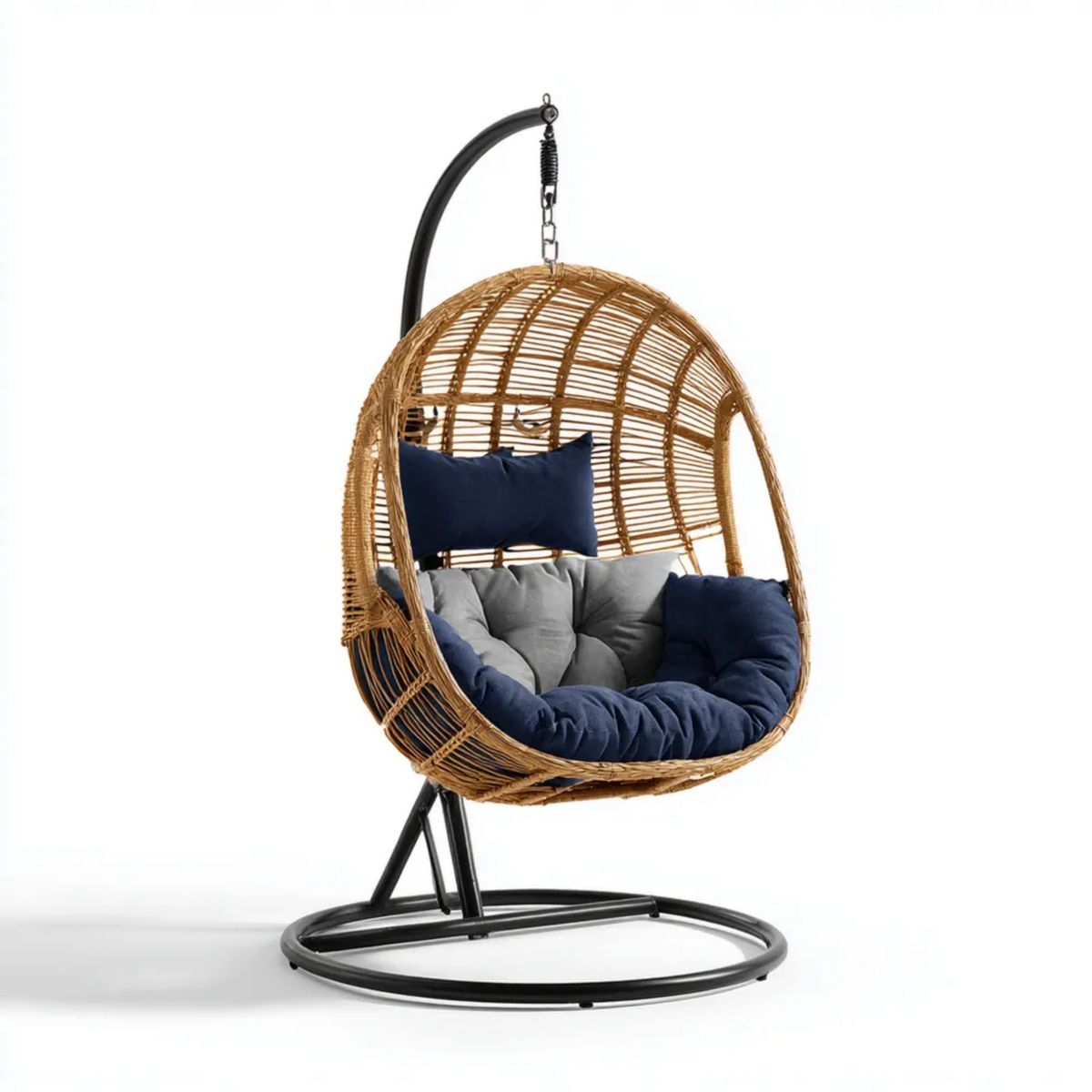 Hamak lub fotel wiszący, Krzesło dachowe w kolorze czarnym, stalowe i rattan, z poduszkami bocznymi, niebiesko-szare, 105 x 105 x 195 cm