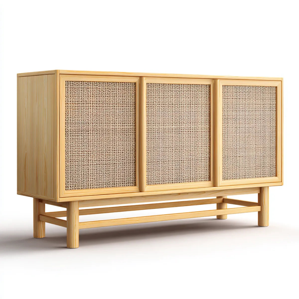 Kredens, Stół jadalny 3 drzwi naturalne 120 x 40 x 80 cm w litej sosnie i prostokątnym rattanie
