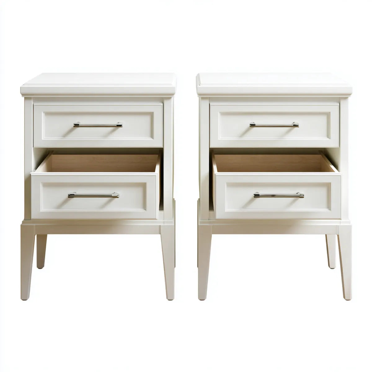 Szafka nocna, Zestaw 2 białych stołów nocnych z 2 szufladami w prostokątnych panelach MDF 50 x 40 x 65 cm