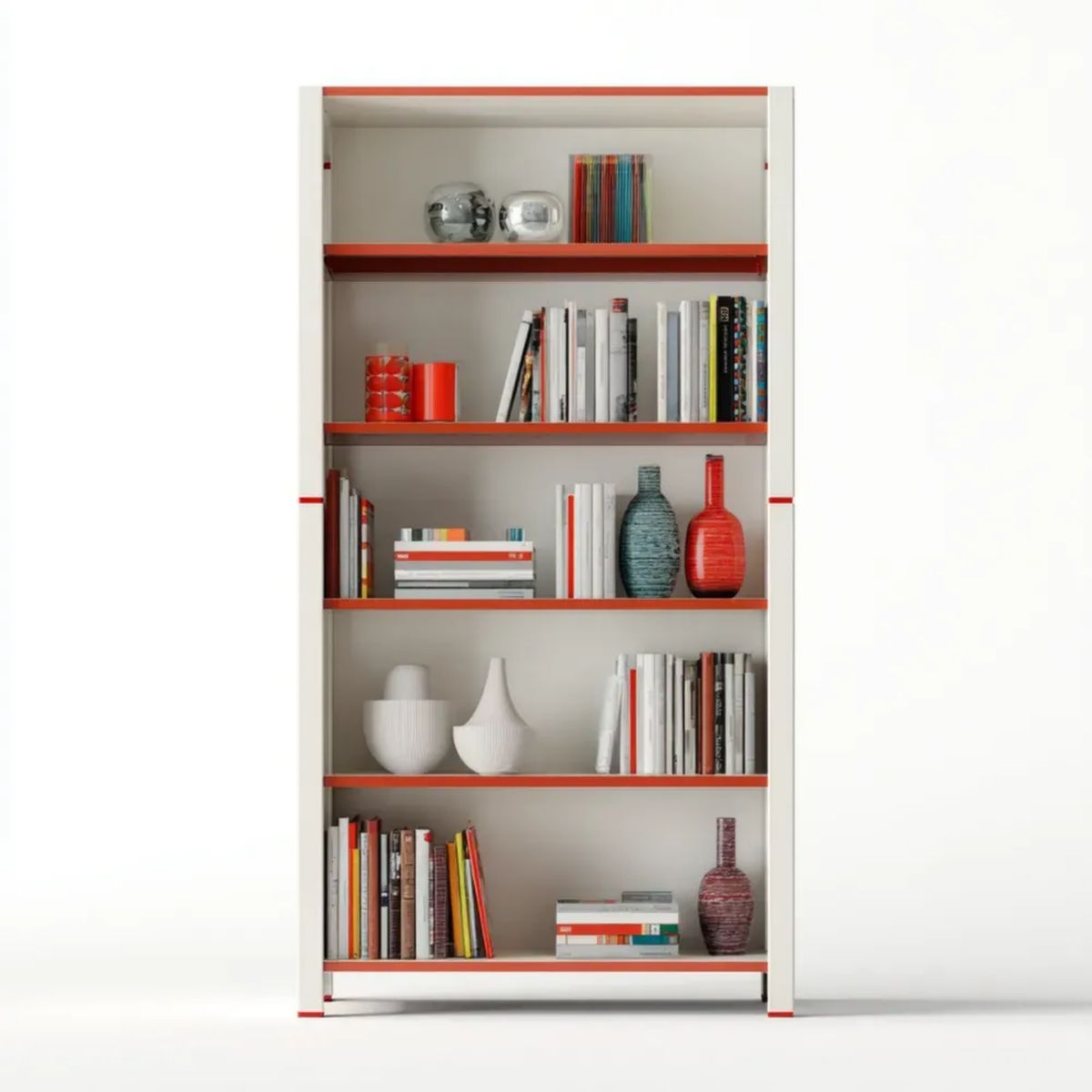 Regał, Prostokątna otwarta biblioteka w biało-białym i biało-czerwonym MDF, 90 x 35 x 220 cm, z 5 półkami