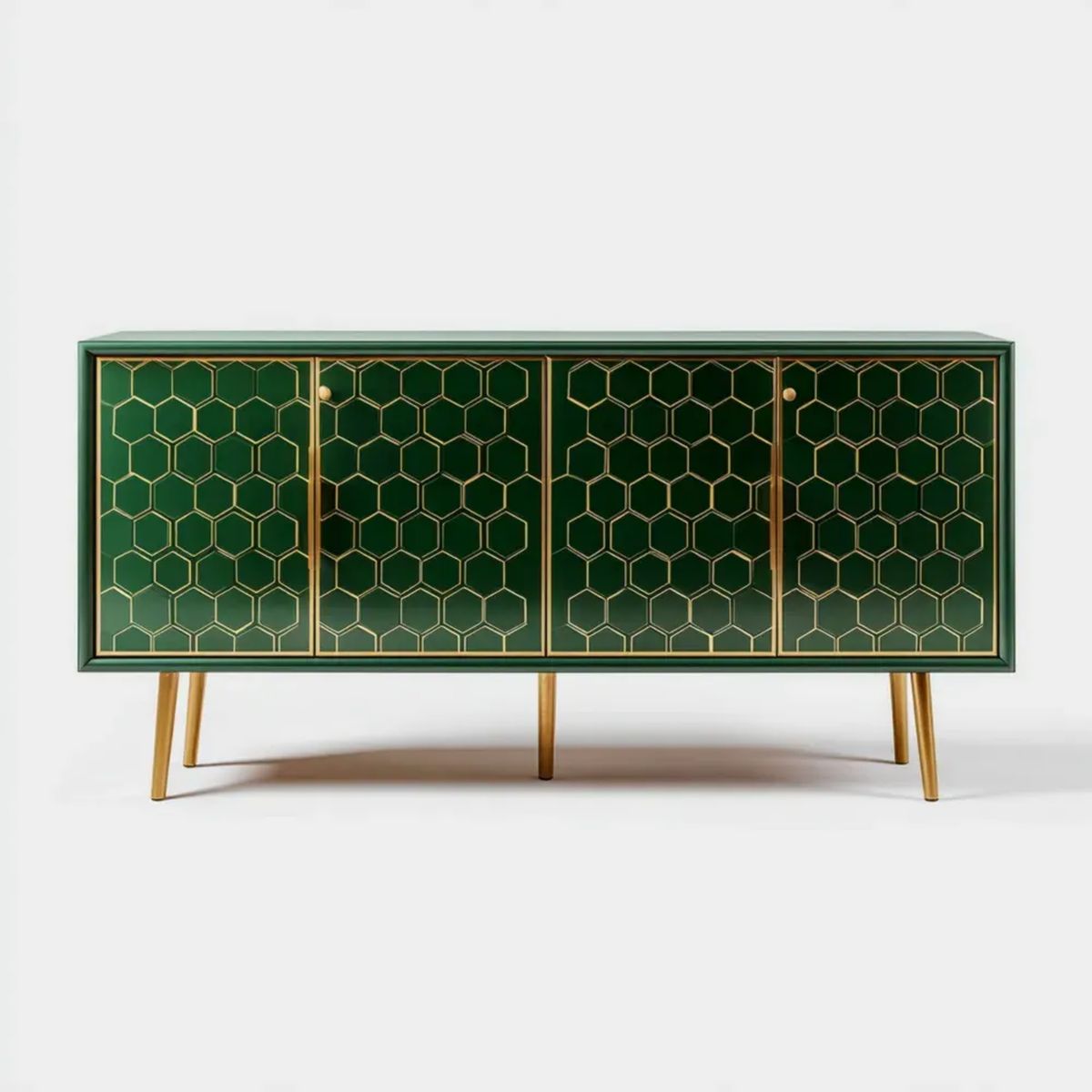 Kredens, 4 drzwi prostokątne bufet z MDF i ciemnozielony i złoto ze stali stopowej, 160 x 40 x 80 cm