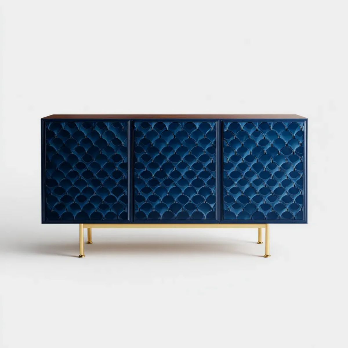 Kredens, 3 drzwi bursztynowe niebieski bursztynowy prostokątny bufet w Czarny- platerowanej MDF, złote stalowe bursztynowe nogi, 160 x 40 x 85 cm