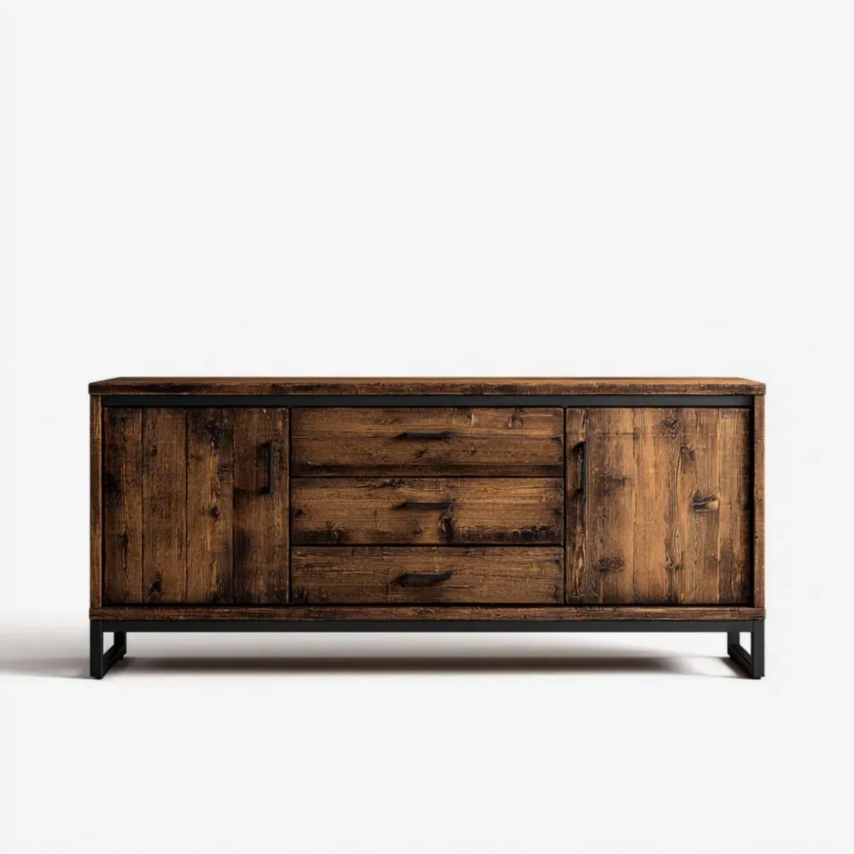 Kredens, Dark Brązowy stołówka w formie bufetu w Drewno i czarna stal 160 x 40 x 80 cm z 3 szufladami i 2 drzwiami