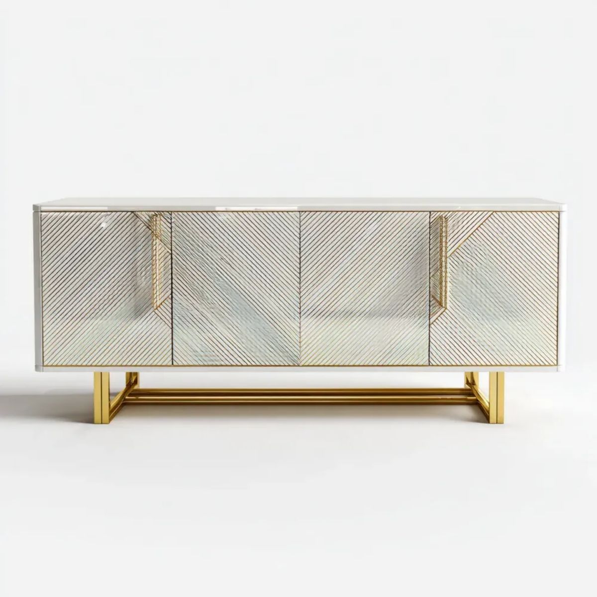 Kredens, Prostokątny bufet 4 drzwi bursztynowe biało-złote MDF, lusterka i membrana, 180 x 40 x 80 cm