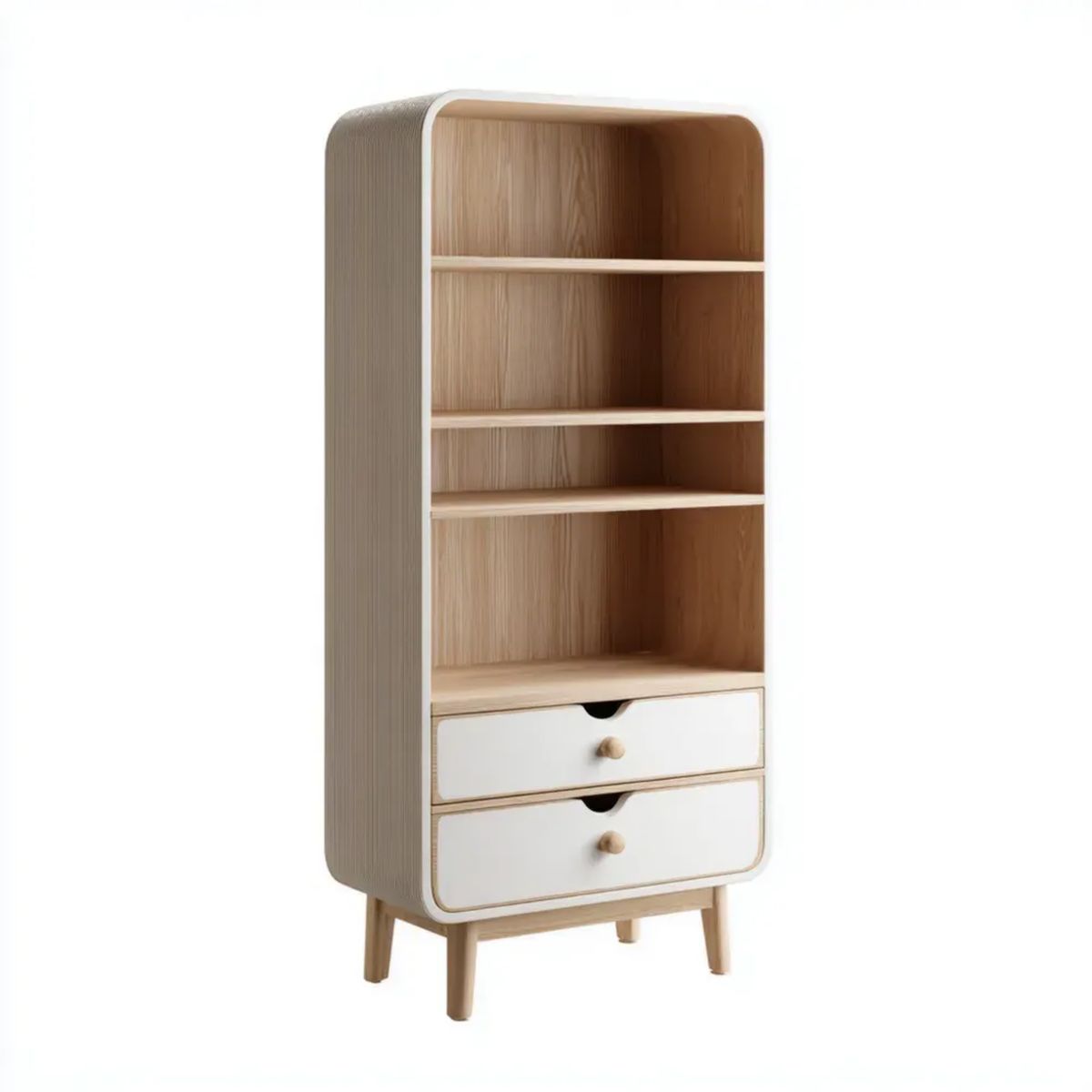 Regał, Biblioteka o wysokiej jakości w MDF 80 x 35 x 180 cm z 4 otwartymi niszami i 2 szufladami, biało-biały i lekki dąb